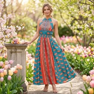 LikeMyChoice Floral Paisley Boho Halter Maxi Dress Teal Red Size M Easter